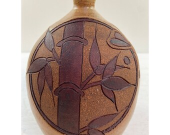 Vintage Bamboo and Butterfly Studio Art Pottery Vase, Signed Burke