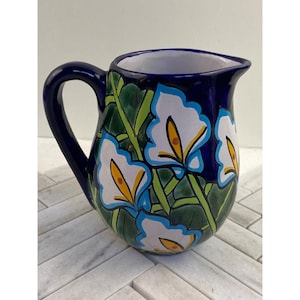 Hand-Painted Mexican Talavera Ceramic Pitcher With Floral Design 6.5” H