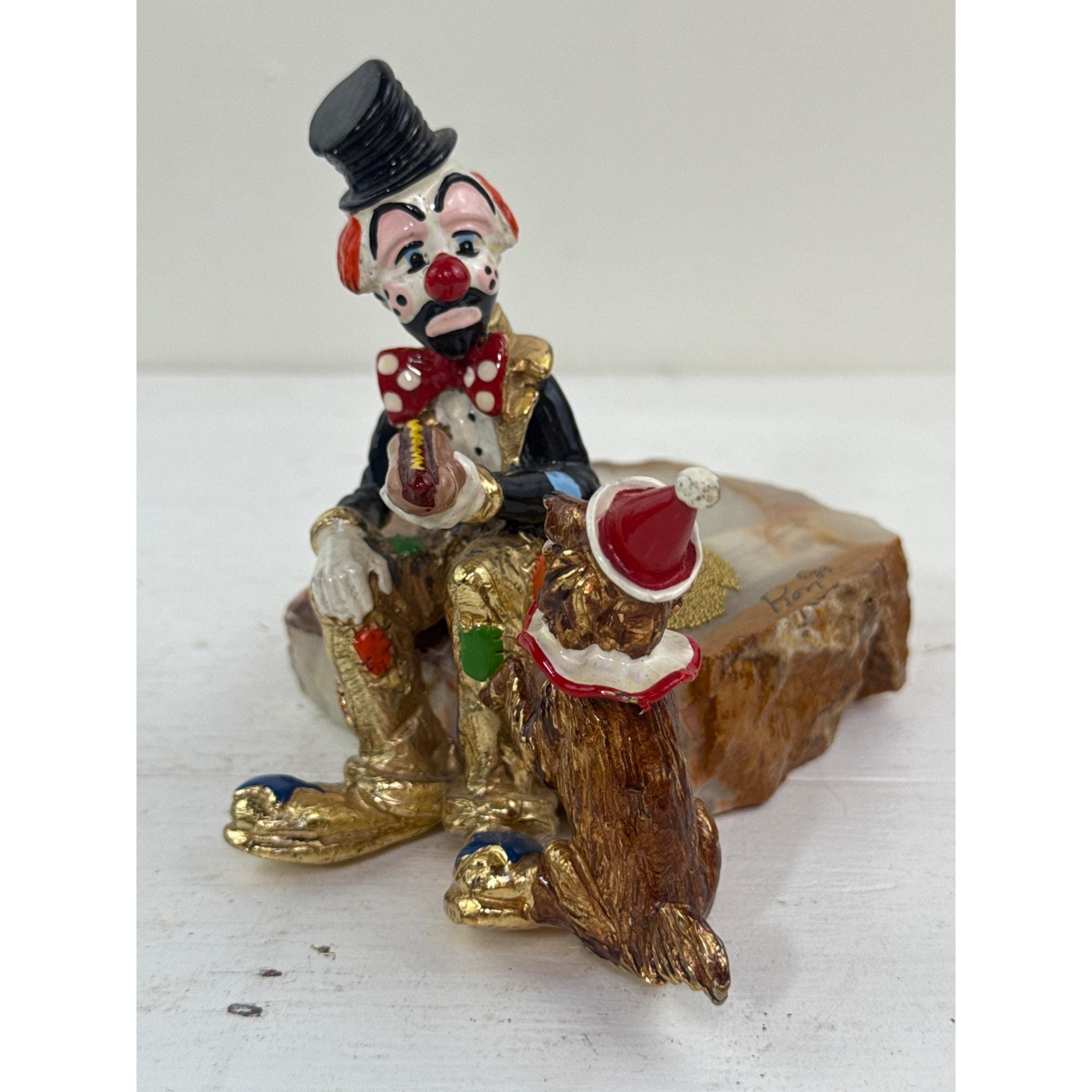 Ron Lee Clown Figurine Signed 83 Sharing Hotdog With Dog Onyx Base