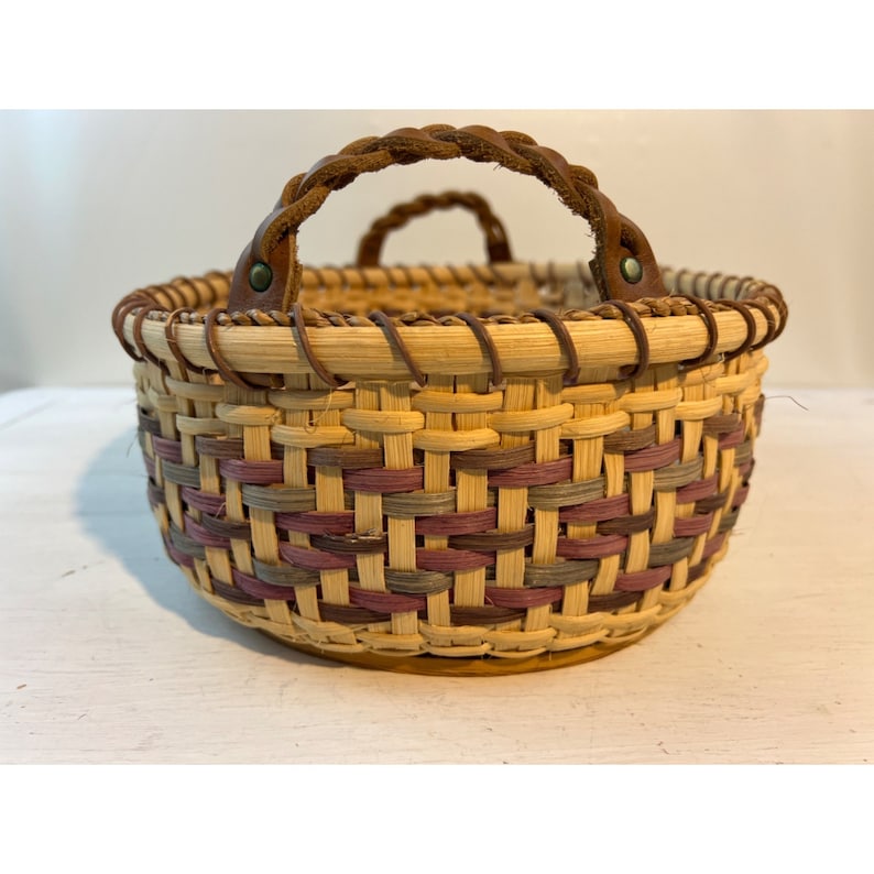 Vintage Woven Basket With Wood Base & Leather Handles - Etsy