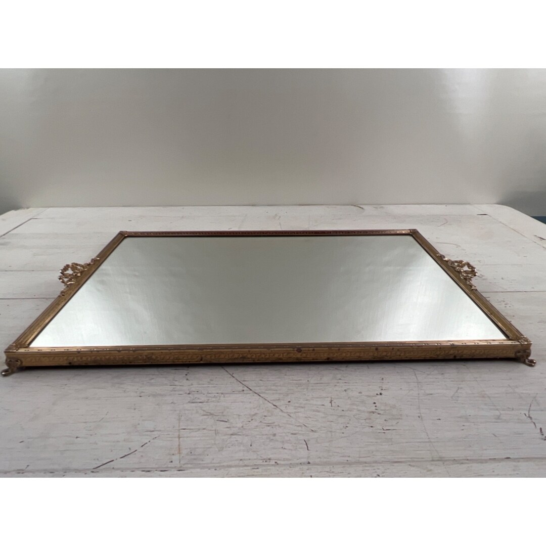 Vintage Mirror Vanity Tray Antique Gold Mirrored Dresser Jewelry Footed