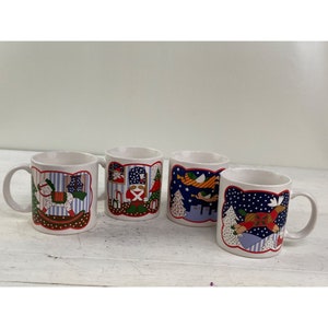 Vintage Stoneware Christmas Themed Mugs Set of 4 Made in Japan