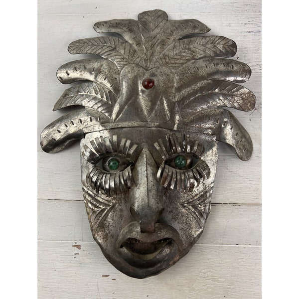 Vintage Mexican Metal Punch Mask- Glass Eyes Folk Art Mexico - Wall Hanging.