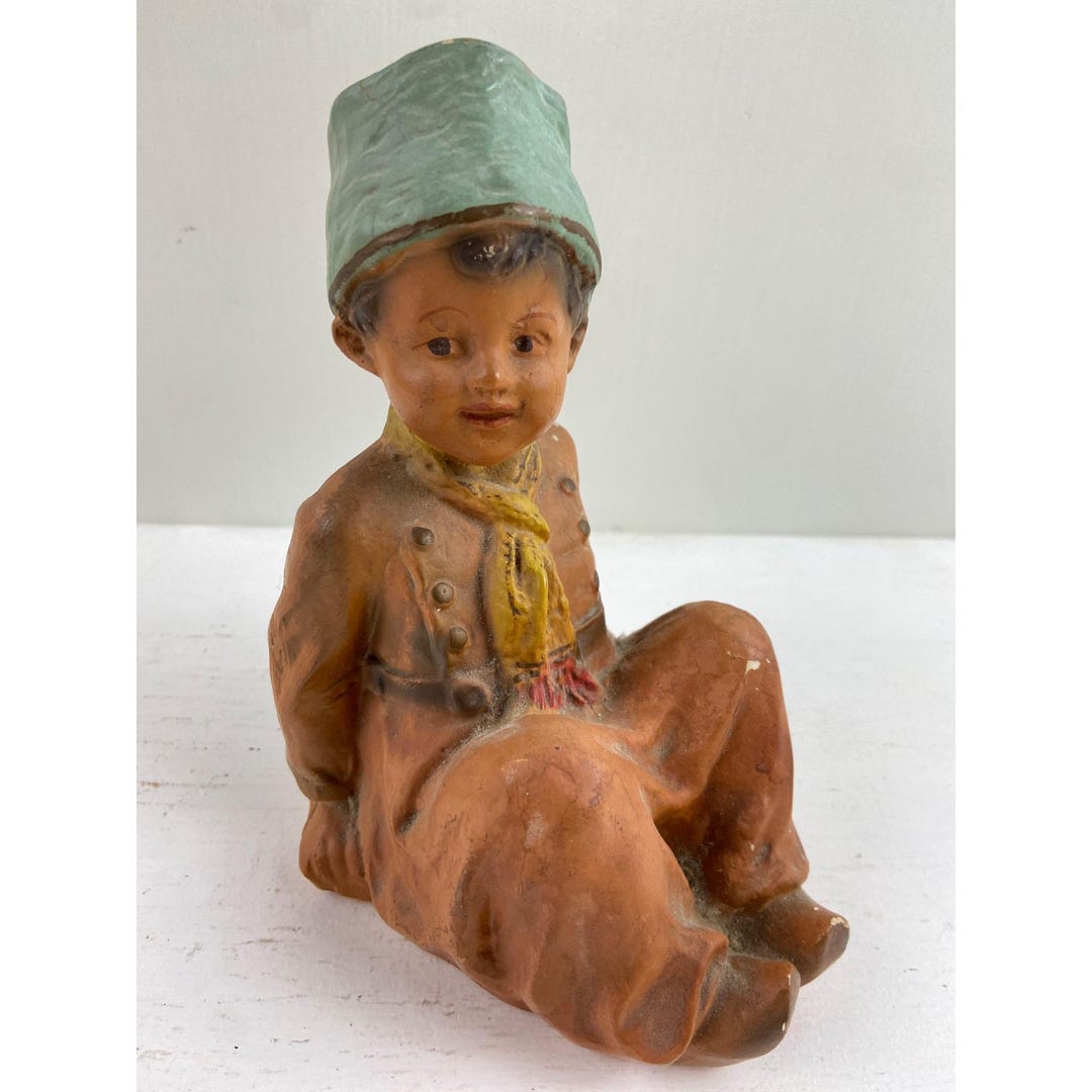 Mid Century Chalkware Dutch Boy Figurine With Green Hat & Yellow
