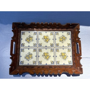 Vintage Mid Century Mexican Tile Serving Tray Handcrafted Wood Frame