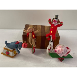 Vintage Set of 4 Yarn Circus Theme Christmas Ornaments Clown, Seal, Pig & Monkey