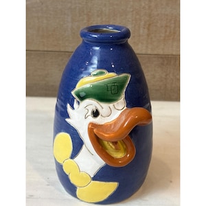 Vintage Studio Pottery University of Oregon Duck Figural Vase / Bottle – Large Fighting Duck Puddles Logo – Signed