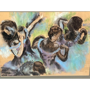 May include: A pastel drawing of ballet dancers in motion. The artwork features figures in shades of blue, purple, and brown against a backdrop of green and tan. The artist's signature and the year '90 are visible in the lower right corner.