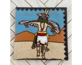 Vintage Fiesta-tegels Native American Dancer keramische onderzetter / wandhanger