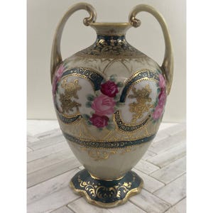 Vintage Nippon Hand-Painted Porcelain Vase With Gold Gilding & Floral Design