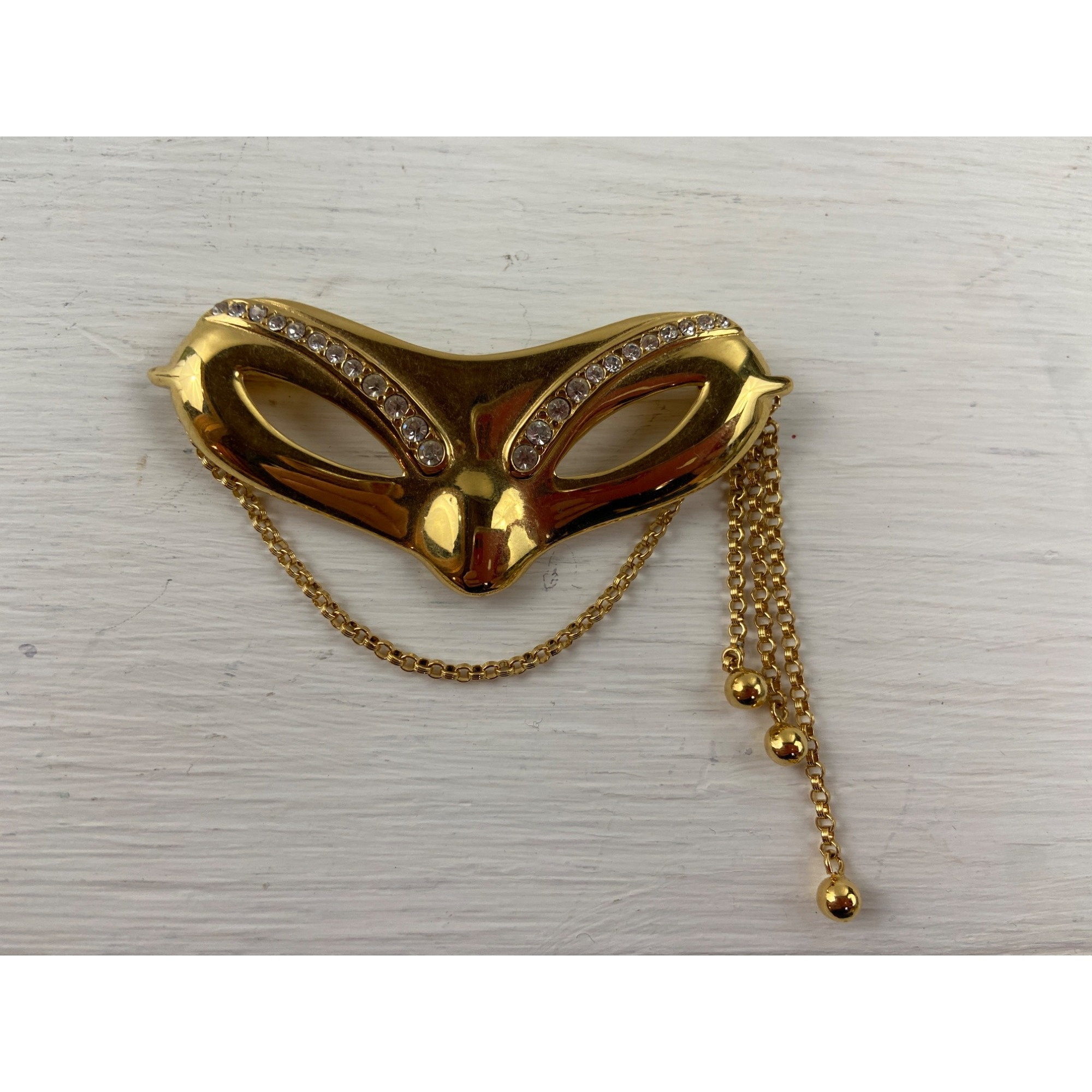 Vintage Monet Rhinestone Mask Brooch, 1980s Gold Plated Jewelry 