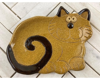 Vintage Nishio Studio Pottery Whimsical Cat Trinket Dish / Spoon Rest