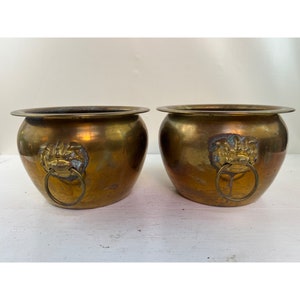 May include: Two antique brass planters with lion head handles. The planters are round and have a distressed finish.