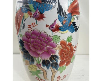 Vintage Asian Gilded Porcelain Vase W/ Bird & Red Dragon Design