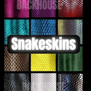 Könnte beinhalten: Eine digitale Collage aus 12 verschiedenen Schlangenhautmustern. Die Muster sind in verschiedenen Farben, darunter Pink, Lila, Rot, Blau, Grün, Gelb, Braun, Schwarz und Weiß. Der Text "Snakeskins" ist in weißen Buchstaben auf schwarzem Hintergrund. Der Text "HIGH RESOLUTION" ist in weißen Buchstaben auf rosa Hintergrund. Der Text "WALLPAPERS" ist in weißen Buchstaben auf schwarzem Hintergrund.