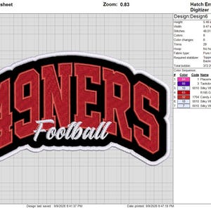 Könnte beinhalten: Eine Stickereidesigndatei für einen Aufnäher mit dem Text 49NERS in großen roten Blockbuchstaben mit schwarzer Umrandung und dem Wort Football in weißer Schreibschrift darunter, alles auf einem weißen digitalen Raster.