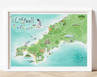 Cornwall Illustrated Map, Map of Cornwall, Cornwall Wall Art,  Cornwall Poster