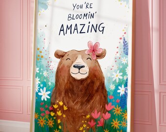 You're Bloomin' Amazing, Bear Flower Art, Cute Bear Print, Kid's Art Print, Nursery Art, Wall Decor