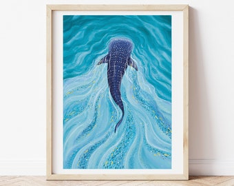 Whale Shark Art, Ocean Print, Marine Life, Ocean Poster, Whale Shark Illustration, Sea Art, Scuba Diver Art