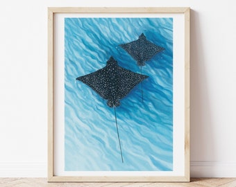Eagle Ray Art, Ocean Print, Marine Life, Spotted Eagle Ray Illustration, Sea Art, A4-size