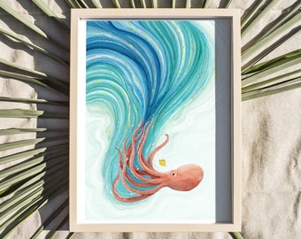 Octopus Art Print Poster, Ocean Print, Scuba Diver Poster, Diving, Octopus Illustration, Wall Art, Home Decor, Kids room