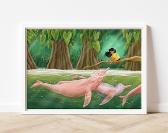 Amazon Dolphin Print, Pink Dolphin, Nursery Art, Wall Decor