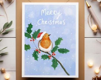 Merry Christmas Robin / Christmas card / greetings card / watercolour illustrated greetings card