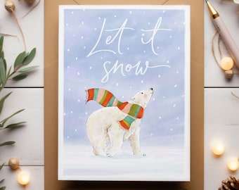 Let it Snow Polar bear Card / Christmas card / greetings card / watercolour illustrated greetings card