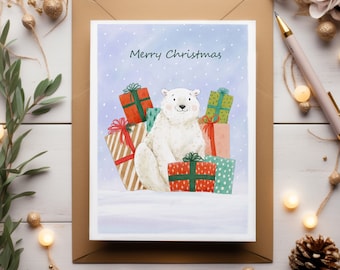 Merry Christmas Card / Cute Polar Bear/ Christmas presents/ watercolour illustrated greetings card