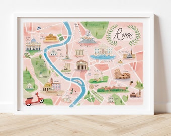 Rome Illustrated Map, Rome Map Poster, Wall Art, Rome Print, Travel Italy