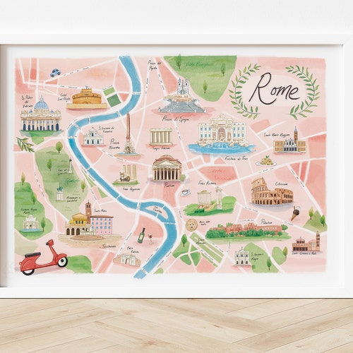Rome Illustrated Map Rome Map Poster Wall Art Rome Print Etsy