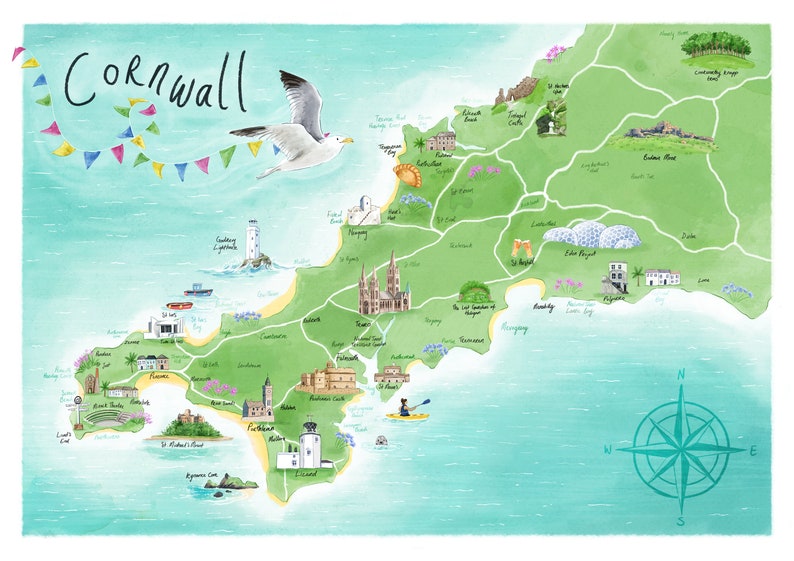 Cornwall Illustrated Map, Map of Cornwall, Cornwall Wall Art, Cornwall