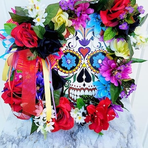 day of the dead wreath, sugar skull wreath, fall wreath, everyday wreath, christmas wreath, halloween wreath