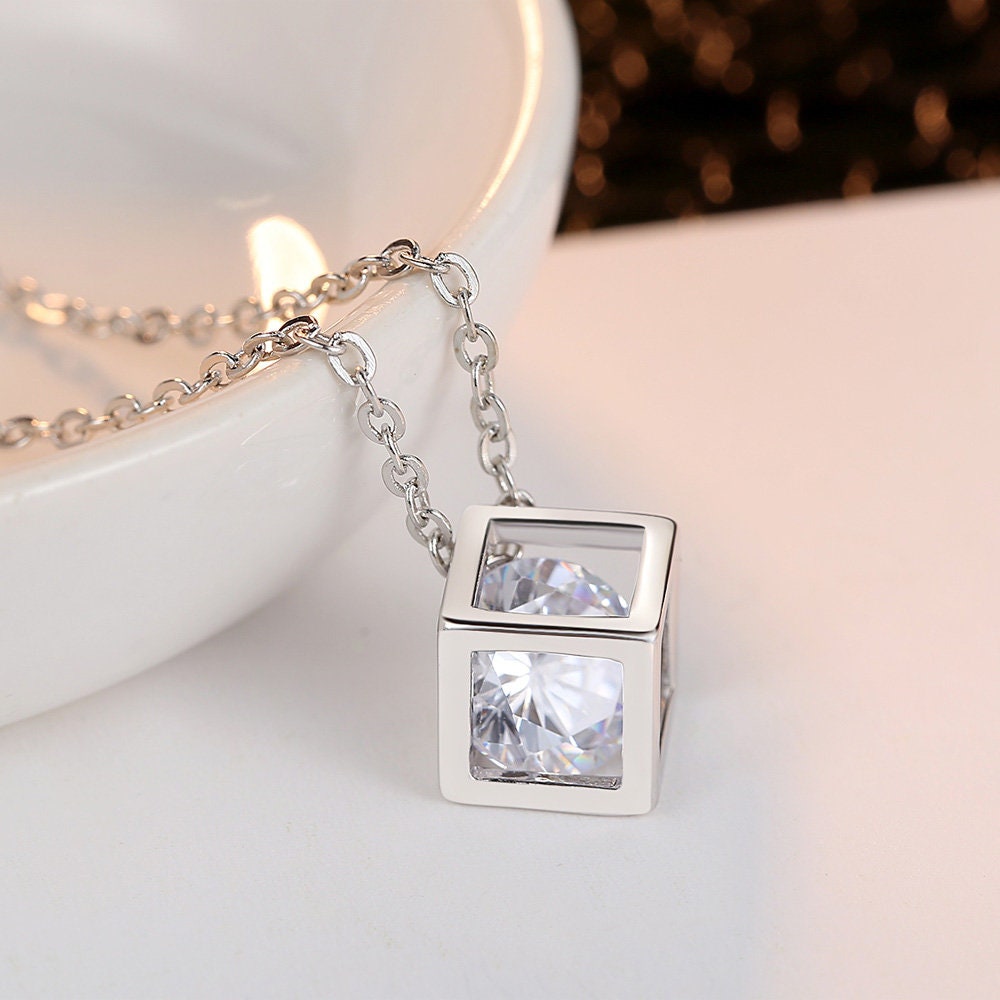 925 Sterling Silver Cube Zirconia Square Pendant Necklace - Etsy