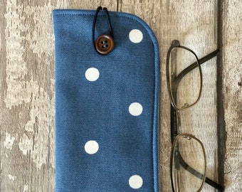 Navy Blue Glasses Case. Blue Spotty Sunglasses Case. Spectacle Case.  Soft Glasses Case in Dotty fabric.