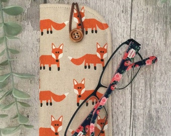 Fox Glasses Case. Padded Sunglasses Case. Spectacle Case. Soft Glasses Case. Handbag organiser. Gift for Mum. Specs Pouch with Button.