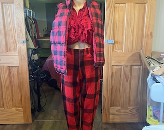 Vintage Red and plaid reversible puffer vest
