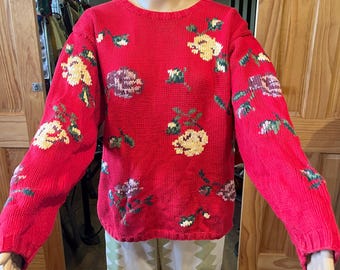 Vintage Eddie Bauer Red sweater with scattered flowers
