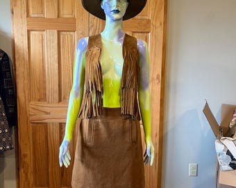 Vintage camel colored suede fringe vest
