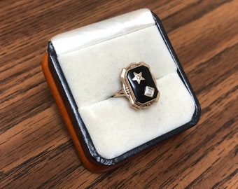 Eastern Star Black Onyx Vintage 10k Yellow Gold Ring, Size 3.5 Solid 10k Gold Ring