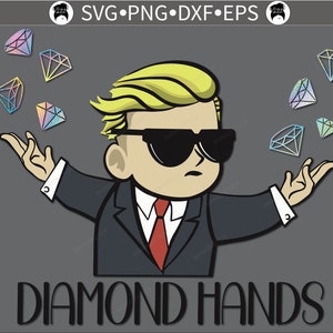 Könnte beinhalten: Eine Cartoon-Illustration einer Person mit blonden Haaren, die einen dunklen Anzug und eine rote Krawatte trägt. Die Person hält ihre Hände ausgestreckt, wobei bunte Diamantenformen um sie herum schweben. Der Text "DIAMOND HANDS" befindet sich unter der Person.