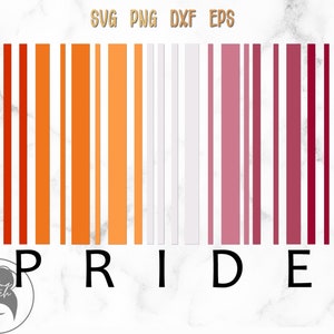 May include: A digital download of a pride flag barcode design with the word "PRIDE" printed below. The barcode is made up of vertical stripes in red, orange, yellow, white, pink, and purple.