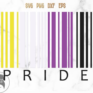 Może przedstawiać: Cyfrowy plik do pobrania z projektem kodu kreskowego z żółtymi, białymi, fioletowymi i czarnymi paskami. Kod kreskowy jest oznaczony jako "PRIDE".