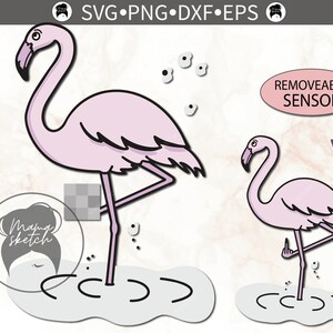 May include: Two pink flamingo illustrations with black outlines. The flamingo on the left has its leg raised and is standing in a puddle of water. The flamingo on the right has its leg raised and is giving the middle finger. The text "REMOVABLE SENSOR" is written in a red oval above the flamingo on the right.