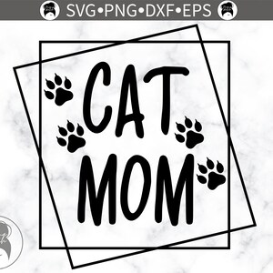 May include: Black and white graphic design with the words "CAT MOM" in bold letters, surrounded by black paw prints and a black square frame. The background has a marble texture.