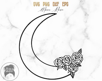 May include: Black and white line art design of a crescent moon with a cluster of roses at the bottom. The text "Moon Rose" is above the moon.