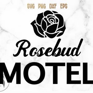 May include: Black and white graphic design of a rose with the text "Rosebud Motel" underneath.