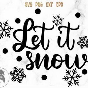 K&ouml;nnte beinhalten: Schwarzwei&szlig;es Grafikdesign mit dem Text "Let it snow" und Schneeflocken.