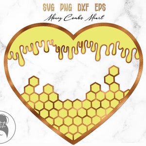 May include: A gold heart-shaped design with a honeycomb pattern and dripping honey. The design is on a white marble background.