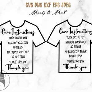 Instruções de cuidados com camisetas PNG e JPEG, cartão de cuidados pronto para imprimir, instruções de lavagem, cartão de cuidados personalizado, cartões de embalagem de roupas